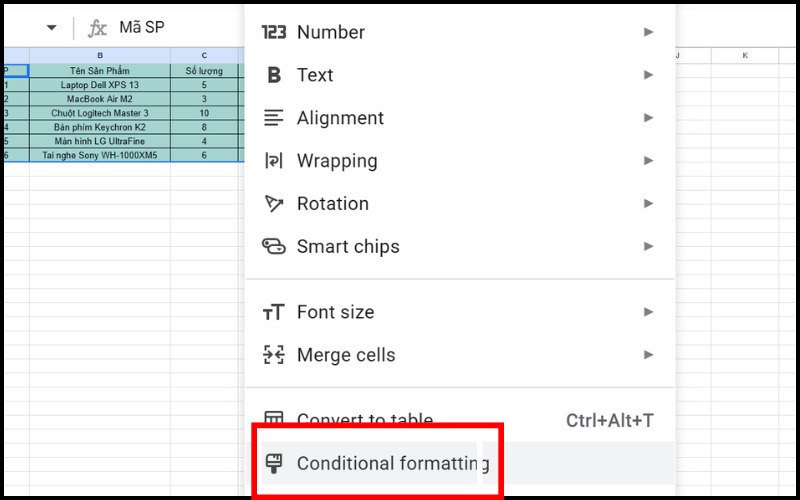 Chọn tính năng Conditional formatting