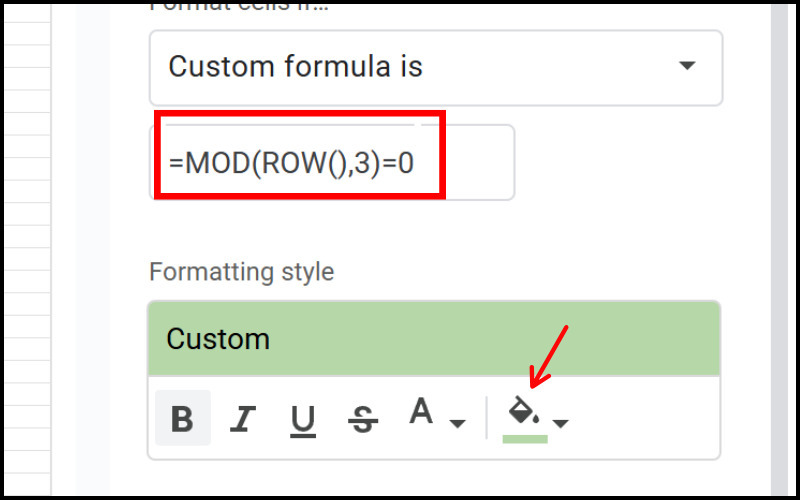 Công thức =MOD(ROW(),3)=0