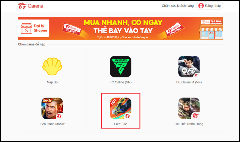 Truy cập vào trang web nạp thẻ và chọn vào game Free Fire