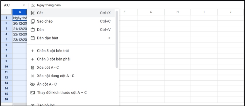 Nhấp chuột phải vào tiêu đề cột đã chọn để mở menu tùy chọn