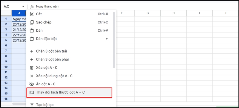 Chọn lệnh Resize columns trong danh sách hiển thị