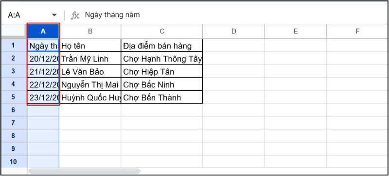 Chọn cột A (hoặc cột cần căn chỉnh) trong bảng Google Sheets