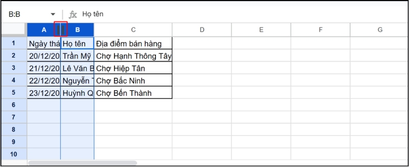 Đặt chuột tại mép phải của một tiêu đề cột đã chọn