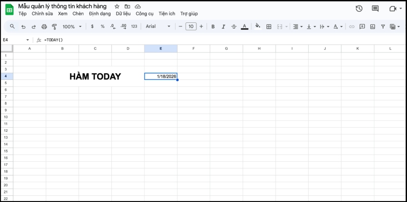 Ví dụ về hàm today tự nhảy ngày tháng