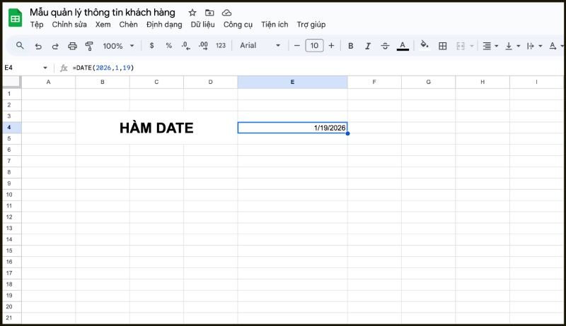 ví dụ về hàm date trong google sheets