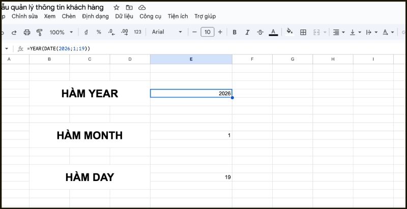 ví dụ về hàm year, month, day tự nhảy ngày tháng