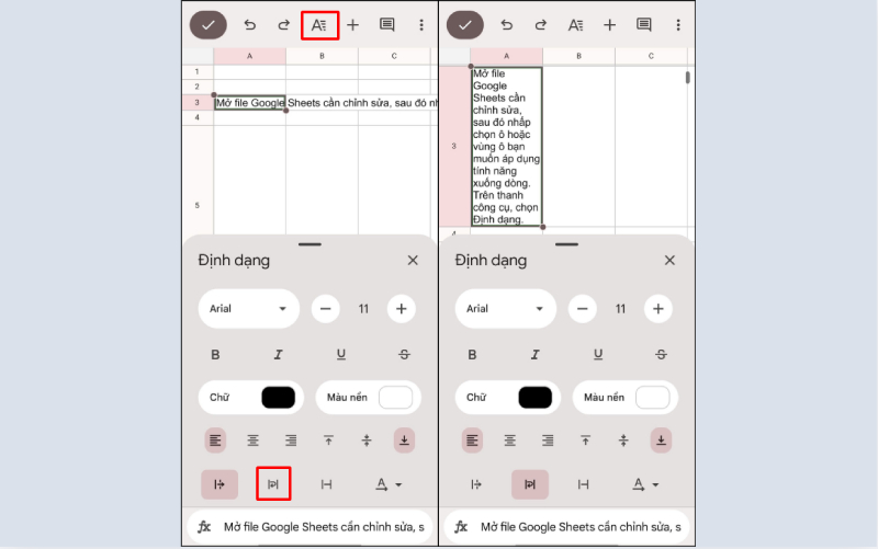 Thao tác bật Wrap trong Google Sheets trên thiết bị di dộng