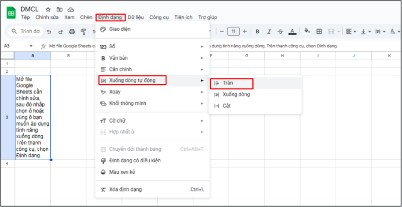 Thao tác tắt Wrap trong Google Sheets