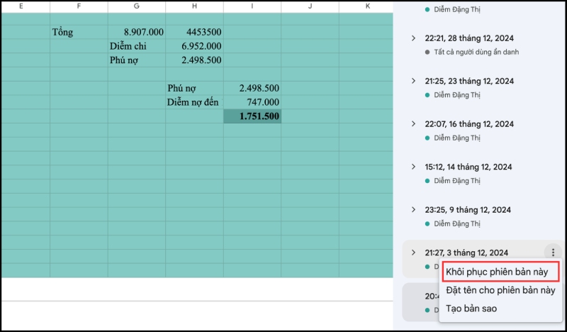 Thao tác khôi phục bản chỉnh sửa trên Google Sheets