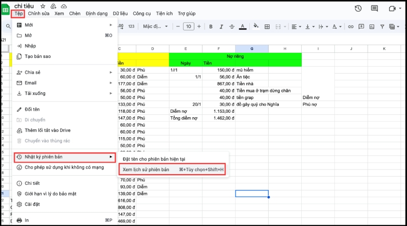 Thao tác xem lịch sử chỉnh sửa trong nhật ký phiên bản