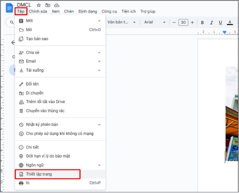 Vào Tệp và chọn Thiết lập trang