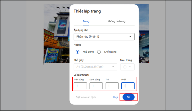 Chỉnh lề trang trong thiết lập trang