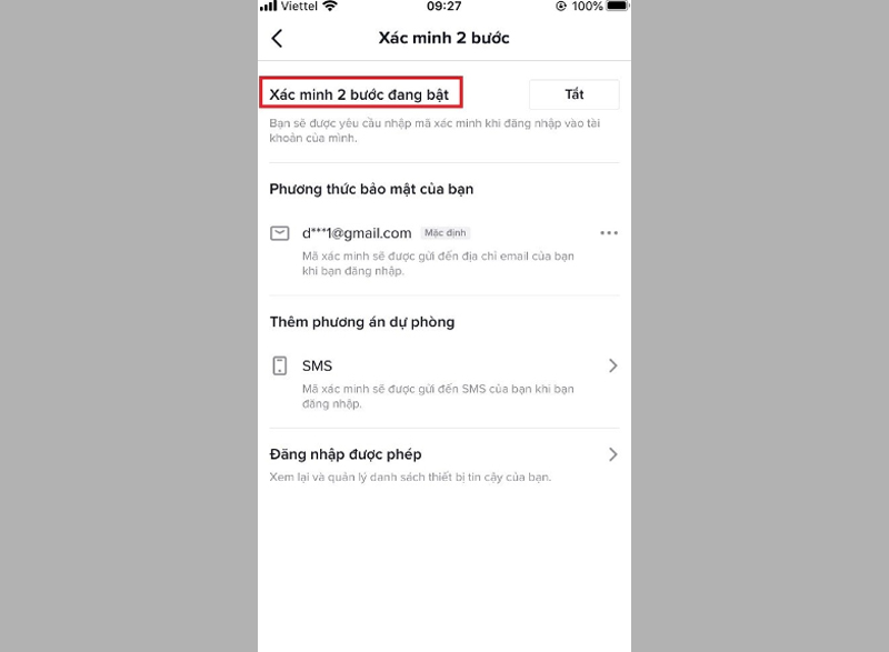 Bảo mật 2 lớp đã được kích hoạt cho tài khoản TikTok