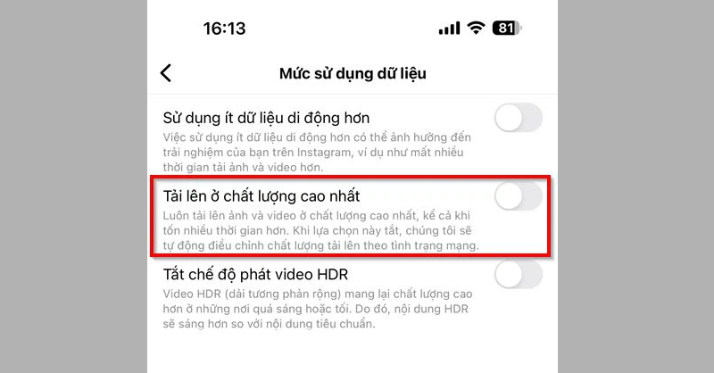 Bật chế độ Tải lên ở chất lượng cao nhất 