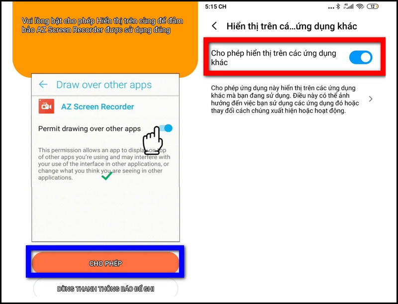 Bật Cho phép để AZ Screen Recorder luôn được hiển thị