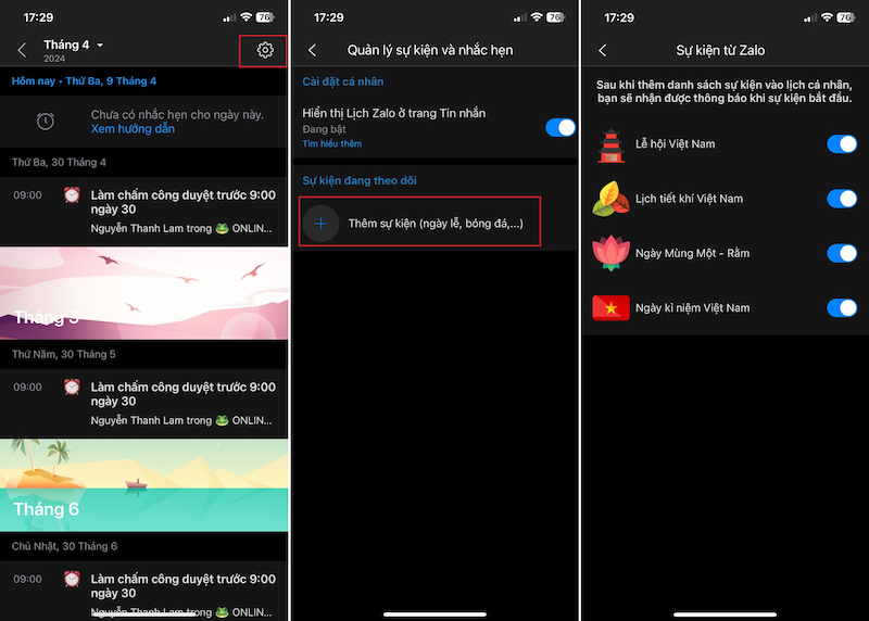 Bật nhắc nhở ngày lễ, sự kiện quan trọng qua Lịch Zalo