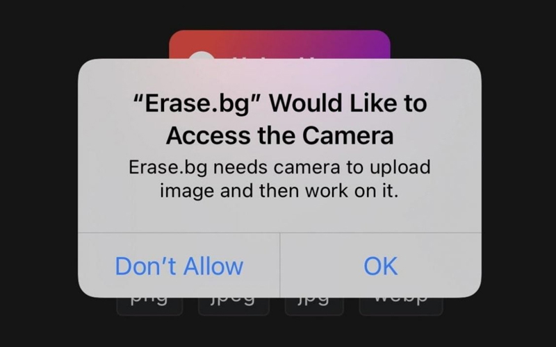 Cấp quyền truy cập đối với máy ảnh cho ứng dụng Erase.bg