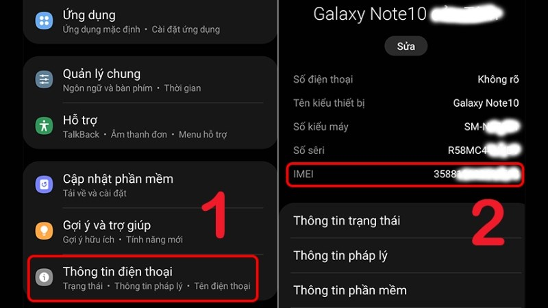 Check IMEI điện thoại Samsung qua phần Cài đặt trên thiết bị