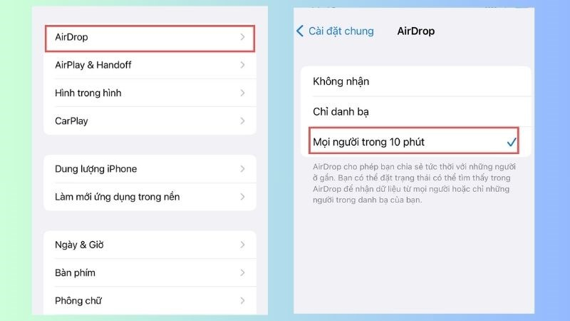 Chọn AirDrop và chọn mục Mọi người trong 10 phút