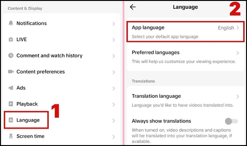 Chọn App Language để tiến hành thay đổi ngôn ngữ mặc định