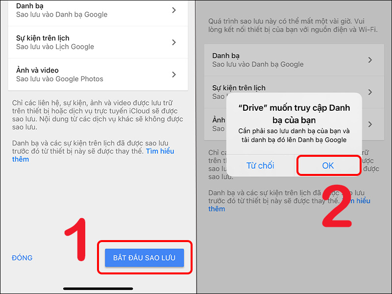 Chọn Bắt đầu sao lưu và chọn OK để cấp quyền truy cập cho Google Drive