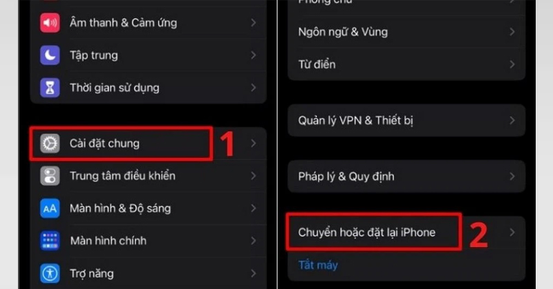 Chọn Cài đặt chung và nhấn vào mục Chuyển hoặc đặt lại iPhone