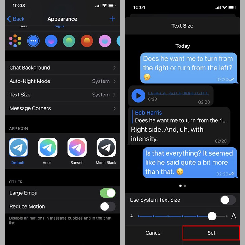 Chọn chế độ Auto-Night Mode, Text Size cho cuộc hội thoại trên Telegram