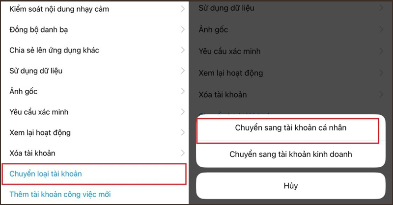 Chọn Chuyển loại tài khoản và Chuyển sang tài khoản cá nhân