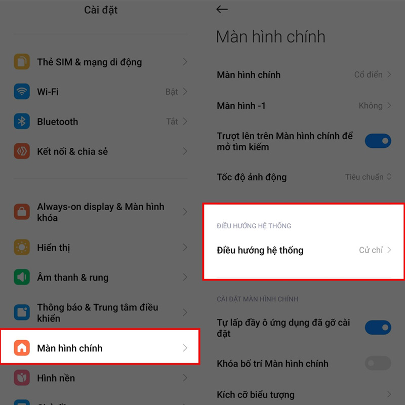 Chọn Điều hướng hệ thống trong mục Màn hình chính