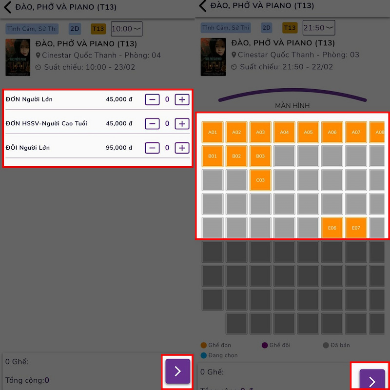 Chọn ghế và thanh toán để hoàn tất mua vé phim Đào, Phở và Piano