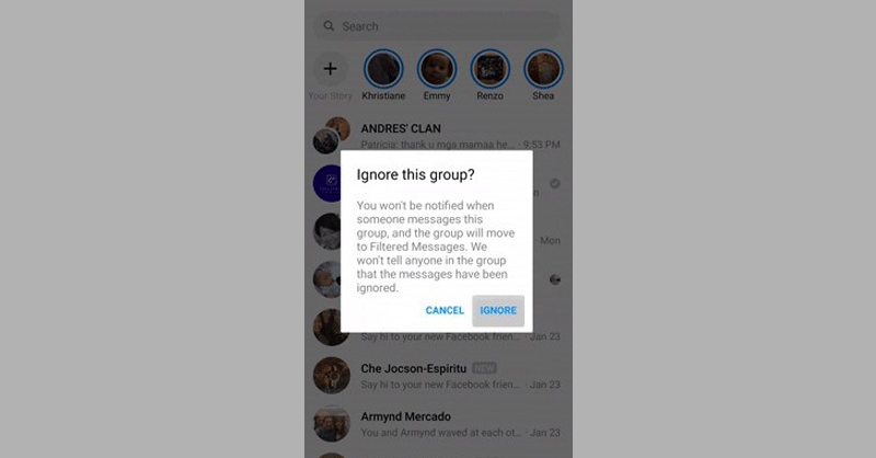 Chọn Ignore để hoàn tất quá trình bỏ qua nhóm chat trên Messenger