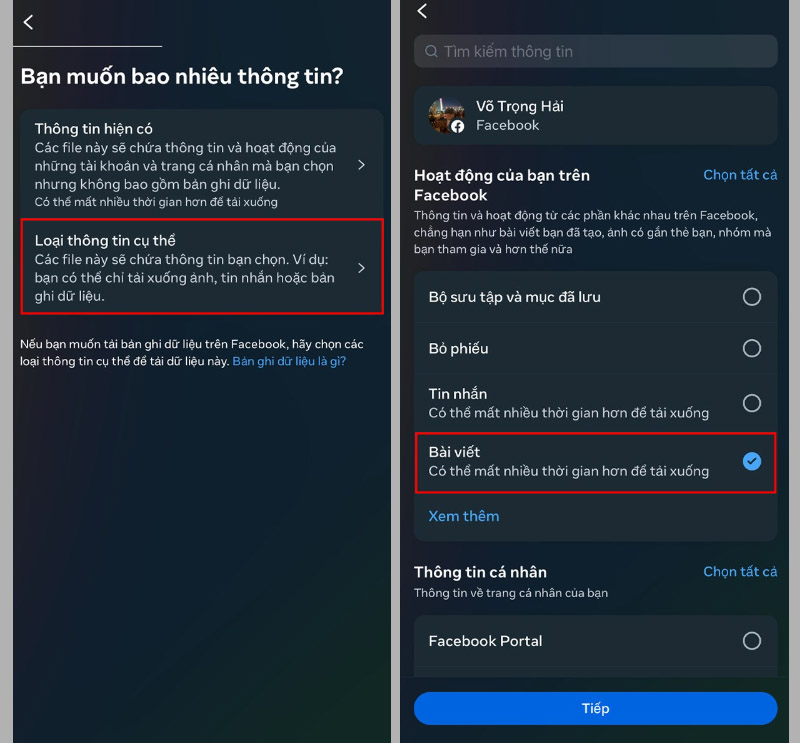 Chọn Loại thông tin cụ thể, chọn vào mục Bài viết và chọn Tiếp