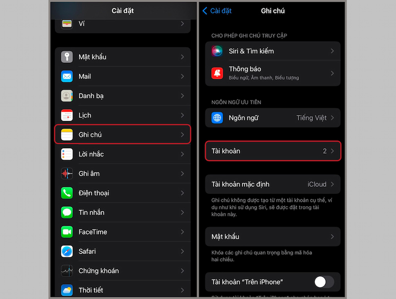 Nhấn chọn mục Tài khoản trong Ghi chú