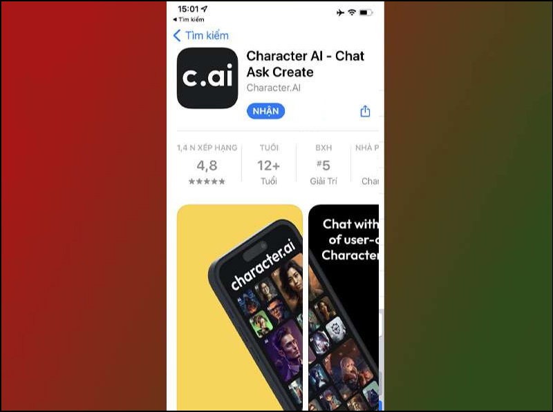 Chọn Nhận để tải Character AI về điện thoại iPhone