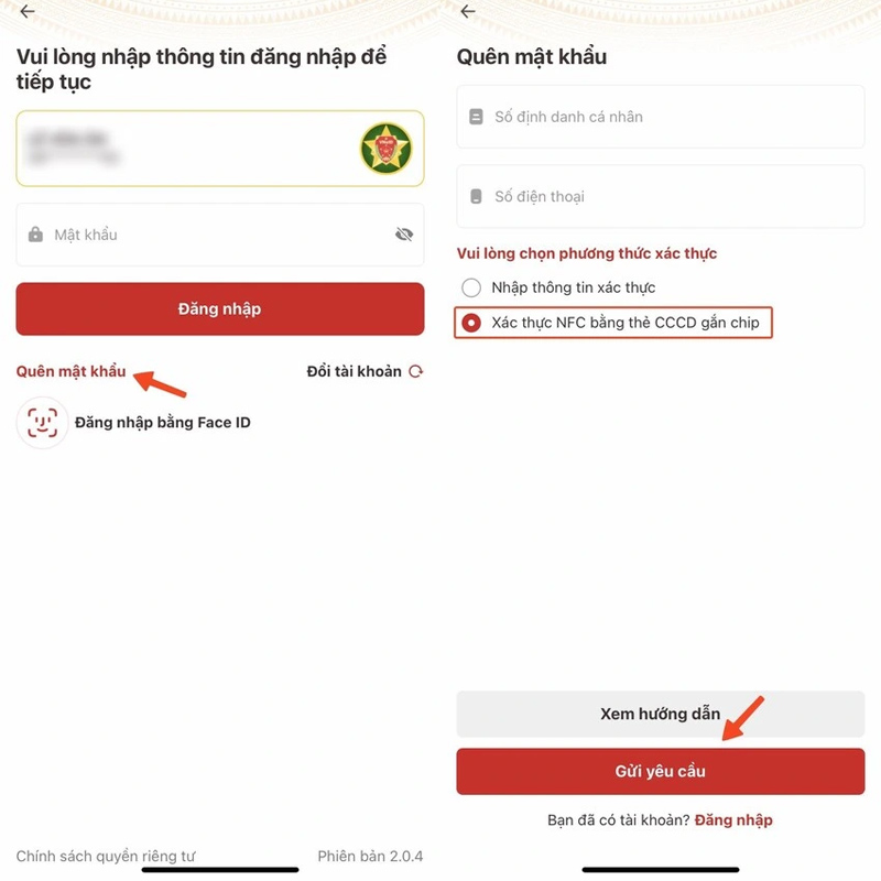 Chọn Quên mật khẩu, Xác thực NFC bằng thẻ CCCD gắn chip, Gửi yêu cầu