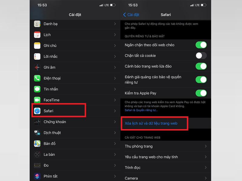 Chọn Safari, sau đó nhấn vào mục Xóa lịch sử và dữ liệu trang web