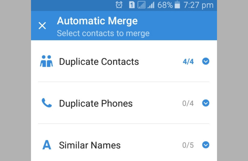 Chọn Sáp nhập để loại bỏ tất cả danh bạ trùng lặp trên điện thoại Android