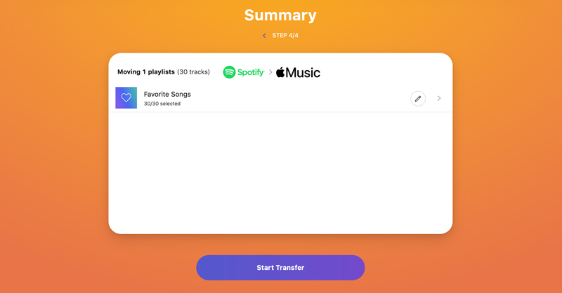 Chọn Start Transfer để bắt đầu chuyển nhạc từ Spotify sang Apple Music