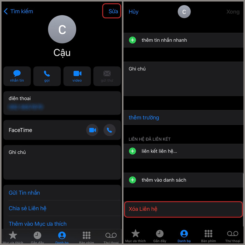 Chọn Sửa và chọn Xóa Liên hệ