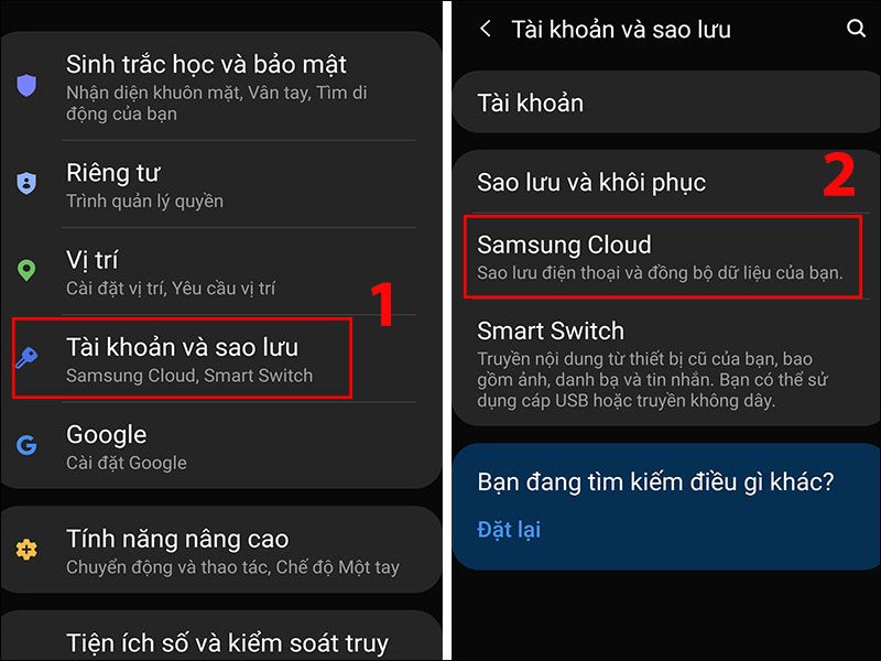 Chọn Tài khoản và sao lưu, lựa chọn Samsung Cloud