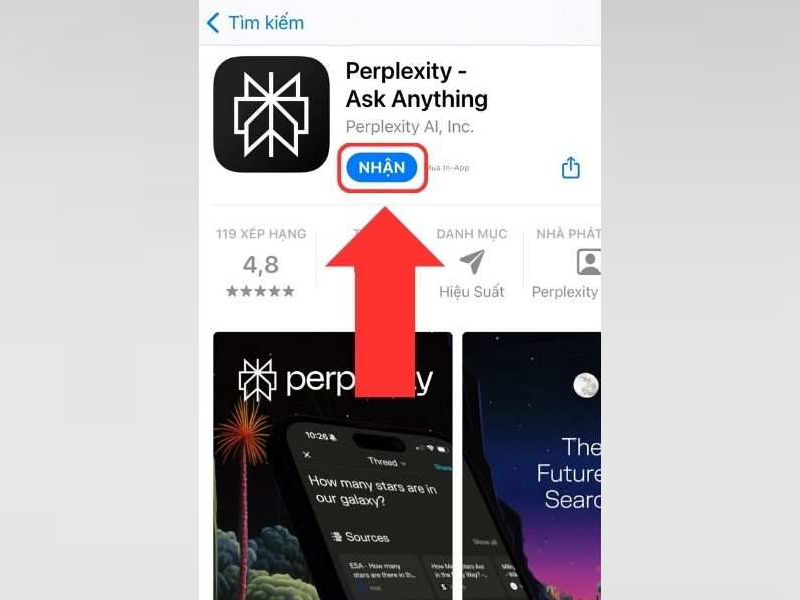 Chọn Tải xuống/Nhận để cài đặt app Perplexity AI về điện thoại iPhone
