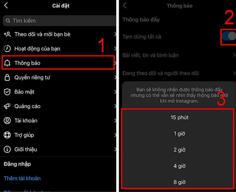 Chọn thời gian tắt thông báo Instagram mà bạn muốn