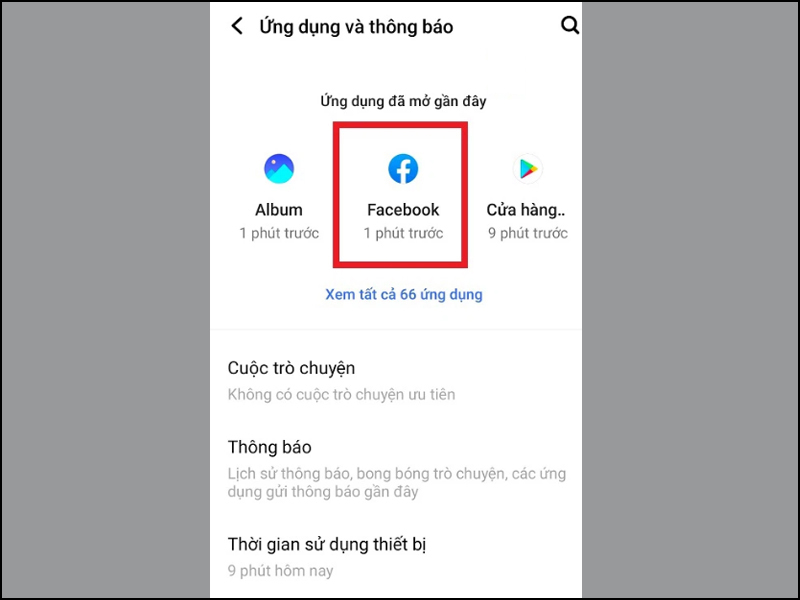 Chọn Ứng dụng và thông báo rồi chọn tiếp vào mục Facebook