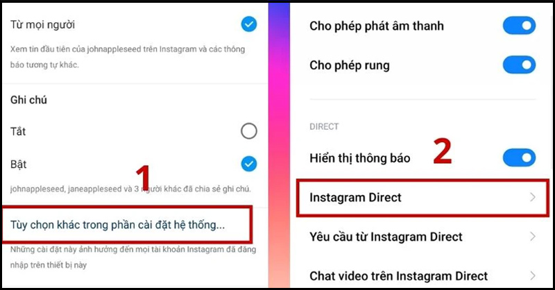 Chọn vào Instagram Direct để đổi âm thanh thông báo