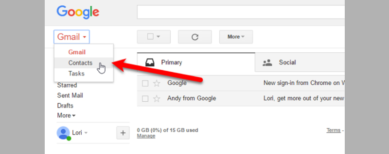 Chọn vào mục danh bạ ở menu Gmail dạng drop-down