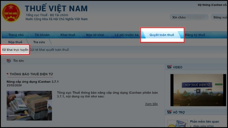 Chọn vào mục Quyết toán thuế