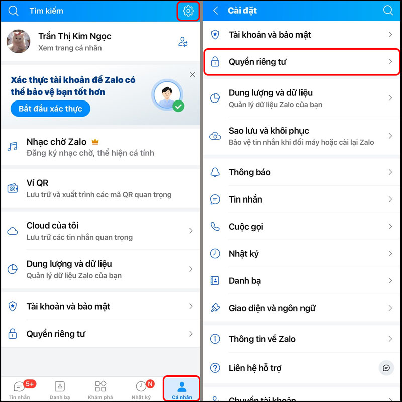 Chọn vào quyền riêng tư trên Zalo