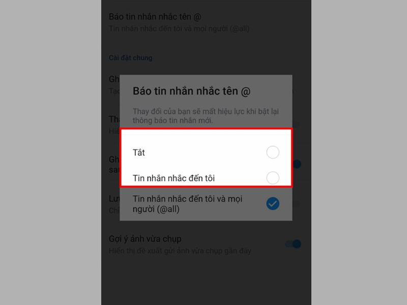 Chuyển chế độ Tin nhắn nhắc đến tôi và mọi người sang chế độ khác