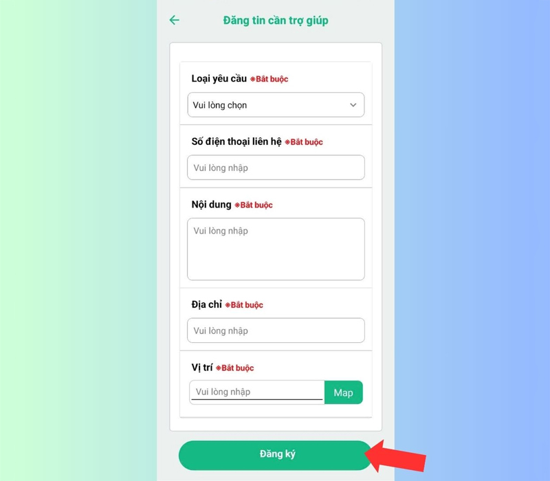 Cung cấp thông tin về nhu cầu cần cứu trợ và nhấn Đăng ký