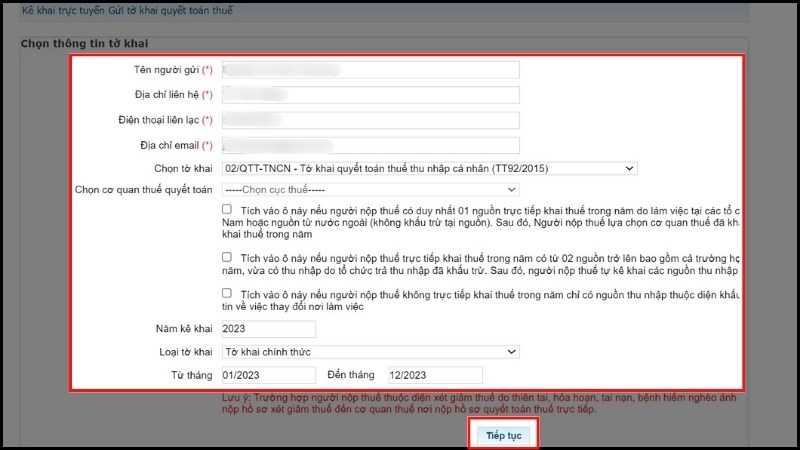 Điền thông tin theo yêu cầu và chọn tờ khai số 02/QTT-TNCN